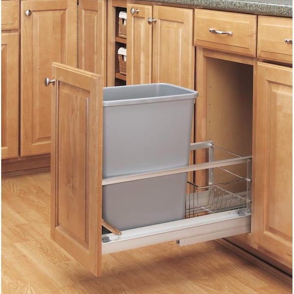 Rev-A-Shelf 19.25 in. H x 10.75 in. W x 21.94 in. D Single 35 Qt. Pull-Out Brushed Aluminum and Silver Waste Container