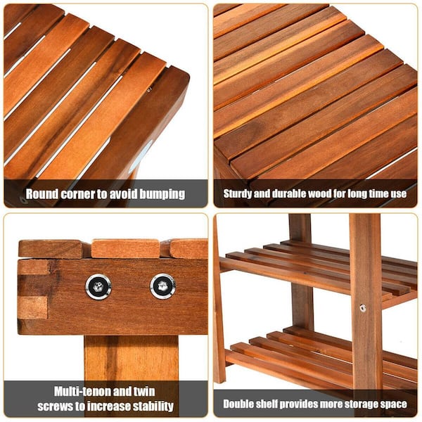 Boyel Living - Teak 18 in. H 3-Tier 8- Pair Wood Shoe Storage Bench