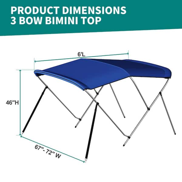BOZTIY 3 Bow Bimini Top Cover Sun Shade Boat Cover 6 ft. L x