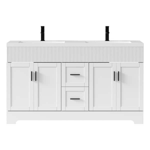 60 in. W. x 18.3 in. D x 33.7 in. H Double Sink Freestanding Bath Vanity White with White Resin Top and Drain Faucet Set