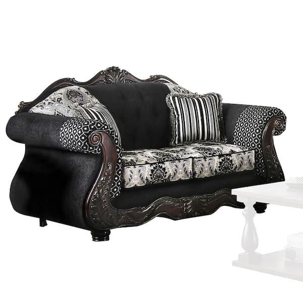 Benjara 72 in. Gray Solid Print Fabric 2-Seater Loveseat with Scalloped Crown Top Back and Damask Pattern