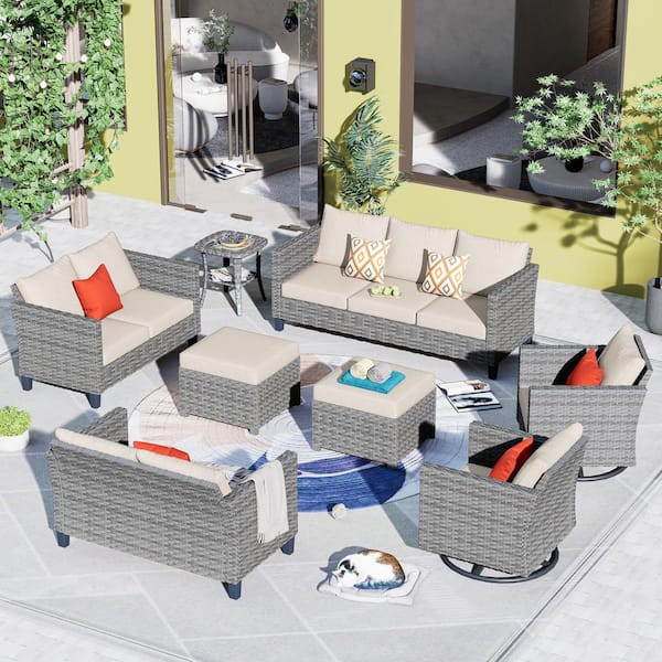 OVIOS New Star Gray 8-Piece Wicker Patio Conversation Seating Set with ...