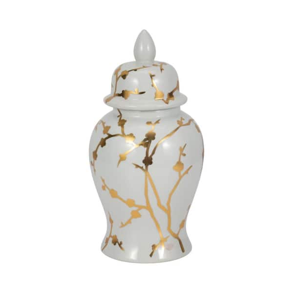 Liv & Skye 14 in. White and Gold Ceramic Cherry Blossom Temple Jar
