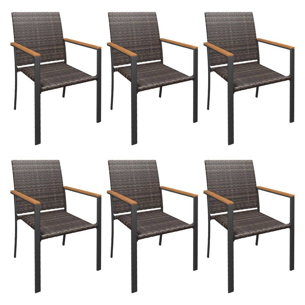Brown Wicker Outdoor Dining Chairs Set of 6, Stackable Rattan Patio Chairs with Wooden Armrest and Black Metal Frame price history on PriceWatchPro