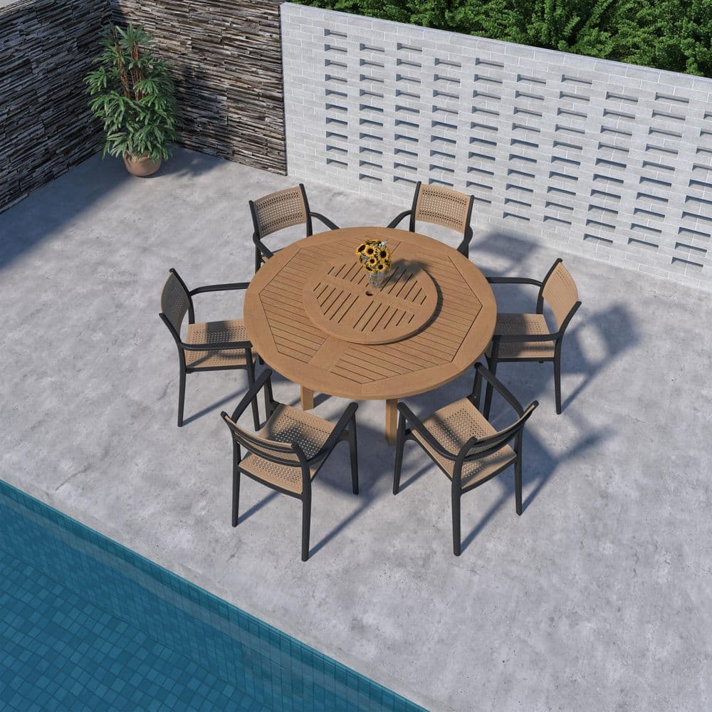 Tatadohama 7-Piece Teak Finish Wood 100% FSC Round Patio Dining Set Black price history on PriceWatchPro
