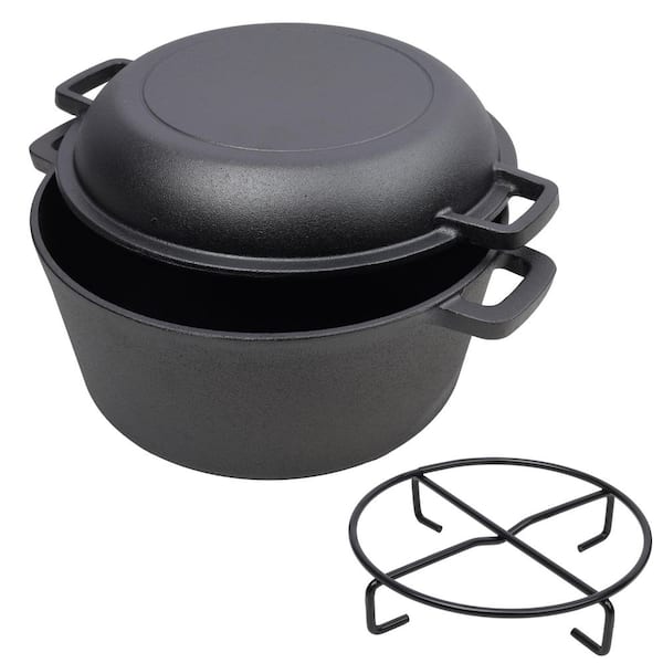5 qt. Black Pre-Seasoned Cast Iron Dutch Oven with Dual Handles and Pot Rack for Outdoor Cooking BBQ