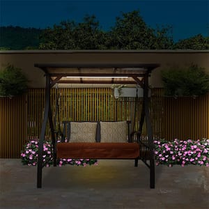 2-Person Black Metal Deluxe Patio Swing with Solar LED Light, Cushions, Foldable Side Table and Adjustable Canopy