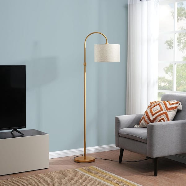61.8 in. Gold 1-Light Arc Floor Lamp for Bed Room With Fabric Drum Shade
