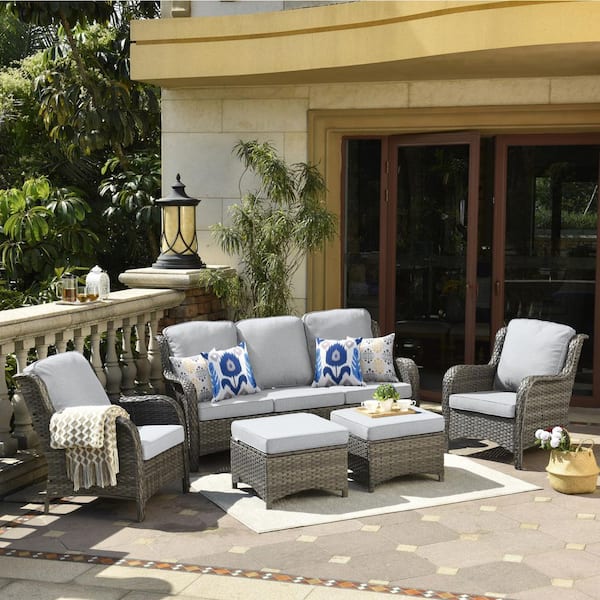 OVIOS Joyoung Gray 5-Piece Wicker Patio Conversation Seating Set with Gray Cushions