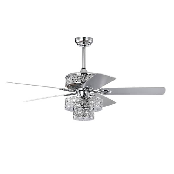 Unbranded 52 in. Smart Indoor/Outdoor Chrome Ceiling Fan with Remote Control and 5 Blades Fan Light with Dual Crystal Lamp Shade