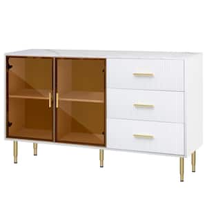 60 in. W x 16 in. D x 36 in. H White Linen Cabinet Sideboard With Glass Doors and Gold Metal Legs