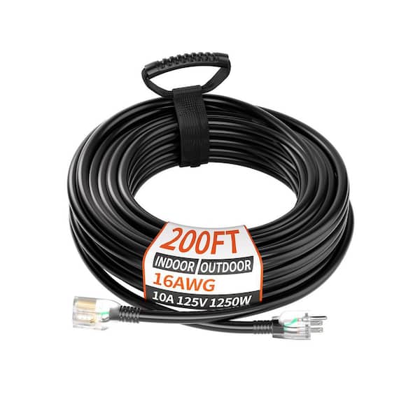 200 ft. 16-Conductors Gauge Heavy Duty Extension Cord Outdoor Waterproof Flexible Flame Retardant Black SJTW 10A 1250W