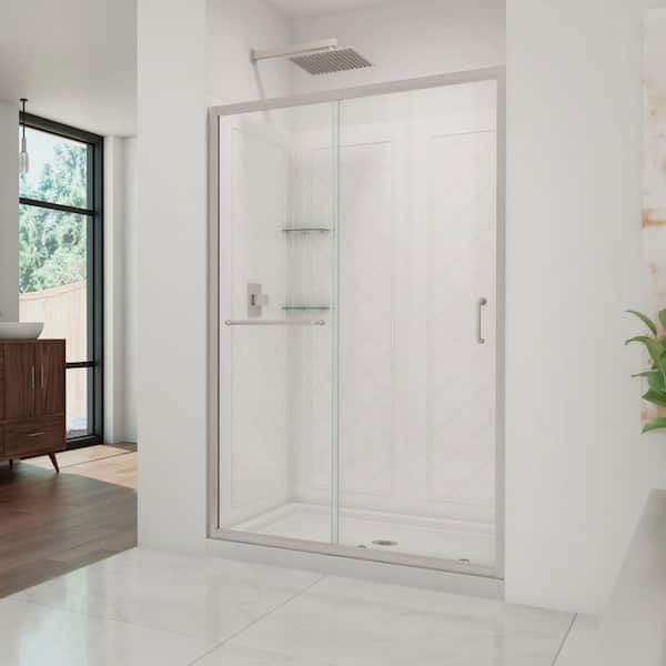 DreamLine Infinity-Z 36 in. x 48 in. Shower wall Kit Semi-Frameless Sliding Door in Brushed Nickel with Center Drain Base