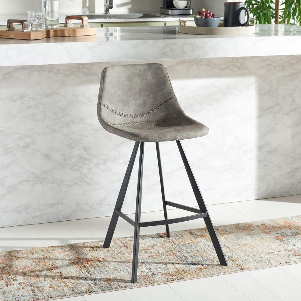 Ryanne Grey Vegan Leather and Black Metal Counter Stool