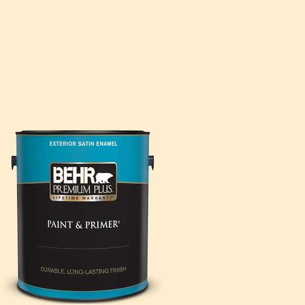 BEHR PREMIUM PLUS 1 gal. #300A-1 Opal Cream Satin Enamel Exterior Paint & Primer