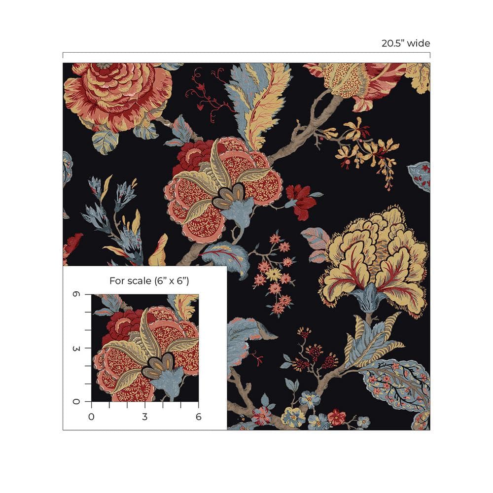 Ebony Floral Jacobean Pre-pasted Vinyl Wallpaper Roll