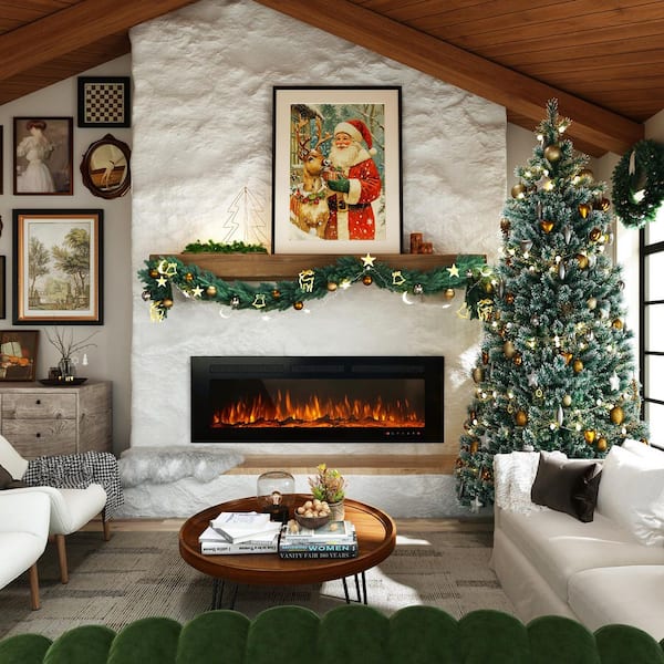 Clihome 42 in. Wall Mounted Recessed Electric Fireplace Insert 750W 1500W Heater with 12-Flame Colors and Timer