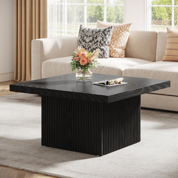 Allan 31.5 in. Black Square Wood Coffee Table with Wave-Fluted Base, Vintage Brown Coffee Table Cocktail Table