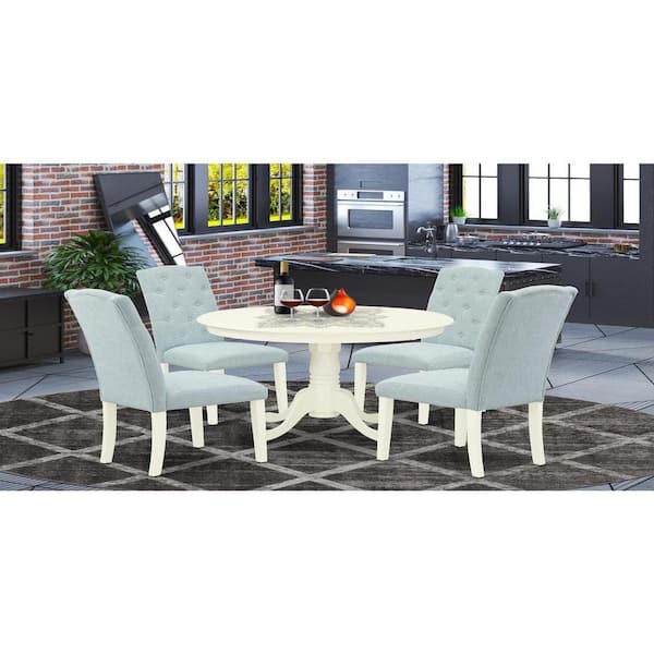 East West Furniture 5-Piece Round Linen White Finish Solid Wood Top Dining Table with 4-Parson Chair with Lattice Back