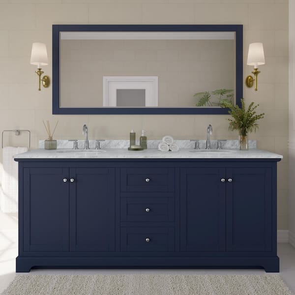 Wyndham Collection Avery 80 in. W x 22 in. D x 35 in. H Double Bath Vanity in Dark Blue with White Carrara Marble Top