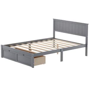 76 in. W Gray Wood Frame Full Size Bed with Storage Drawers, Full Size Platform Bed, Wooden Platform Storage Bed