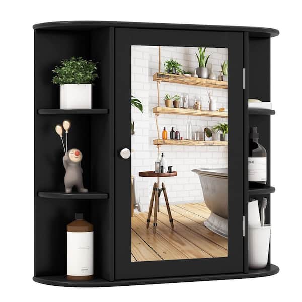 26 in. W x 25 in. H Rectangular MDF Medicine Cabinet with Mirror and 6 Open Storage Shelves in Black