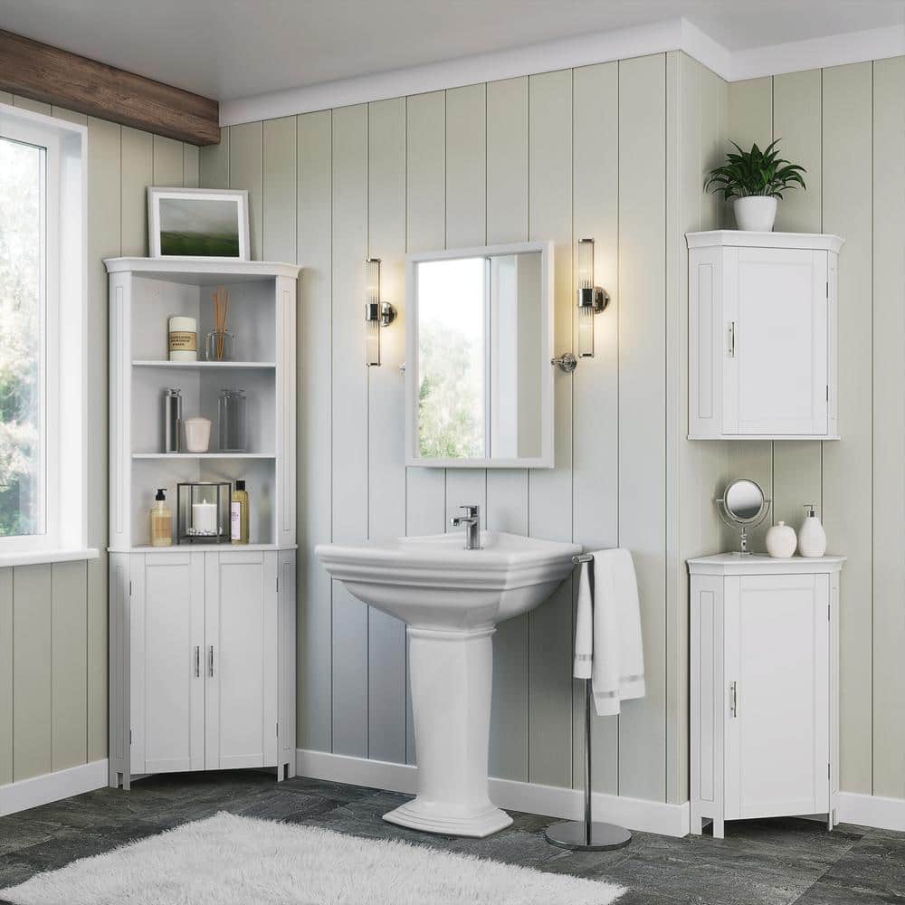 White Tall Corner Storage Cabinet with Adjustable Shelving
