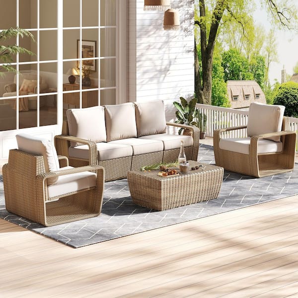 3-Piece Wicker Patio Conversation Set with Cushions Beige
