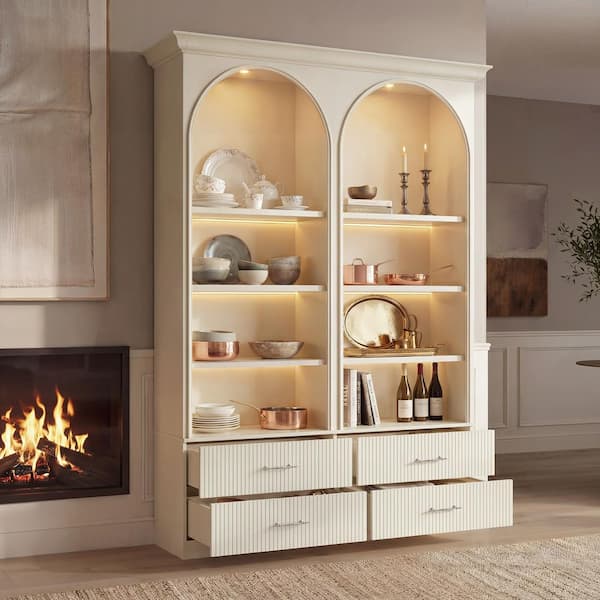 White 92.5 in. Accent Cabinet Office Storage Cabinet with 8-Shelves, 4-Drawers, Dimmable LED Lighting with Remote