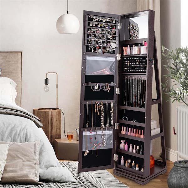 360° Rotatable Jewelry Cabinet Armoire 2-in-1 Lockable Mirrored Dark Brown