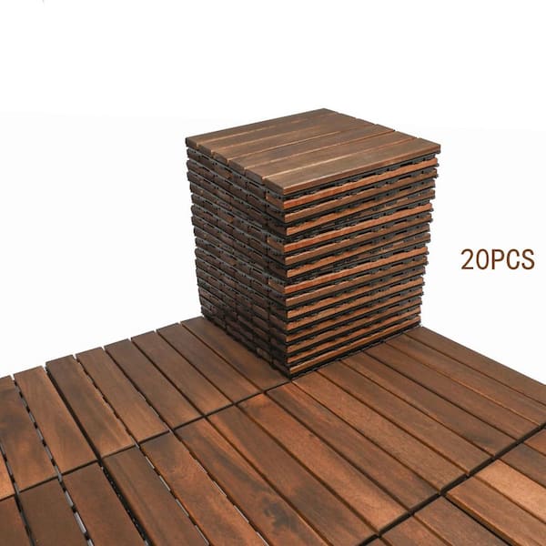GOGEXX 12 in. x 12 in. Outdoor Striped Square Wood Interlocking Waterproof Flooring Deck Tiles in Brown (Pack of 20 Tiles)