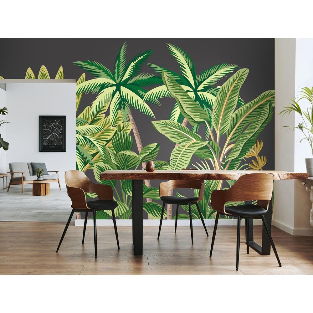Grey Tropical Palm Trees Wall Mural with Green Leaves