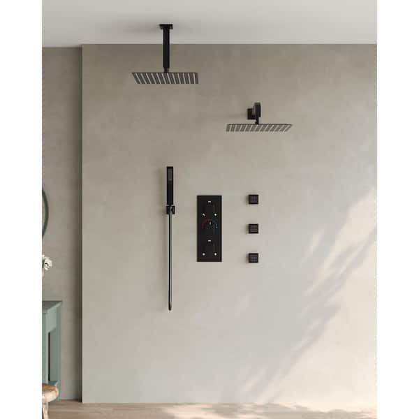 EVERSTEIN 8-Spray Patterns Two 12 in. Dual Shower Head 2.5 GPM Ceiling Mount Fixed and Handheld Shower Head in Matte Black