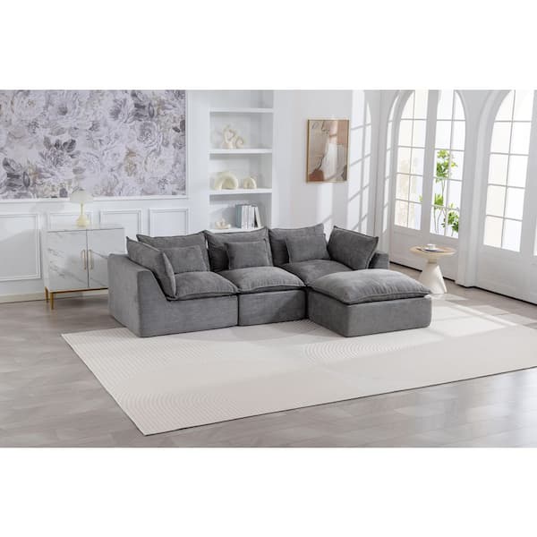 Hazel 102.3 in. 4-Piece Cotton Modular Cloud Sectional Sofa in Antique Grey with Ottoman, Full Compressed Sofa