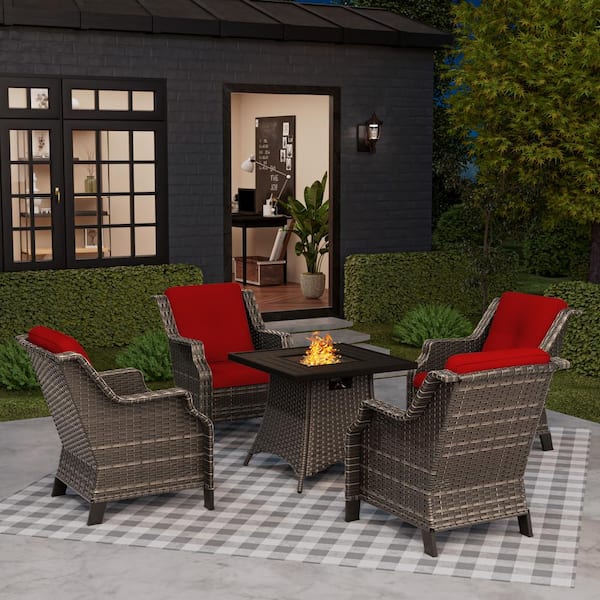 MeetLeisure 4 Seat 5-Piece Wicker Patio Set Conversation Set with Red Cushion, Fire Pit Table