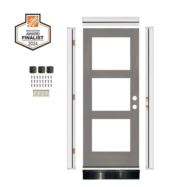 Krosswood Doors DIY RTA KIT 32in.x80in. Modern Hemlock Left-Hand/Inswing 3-Lite Clear Glass Grey Stain Wood Ready To Assemble Front Door