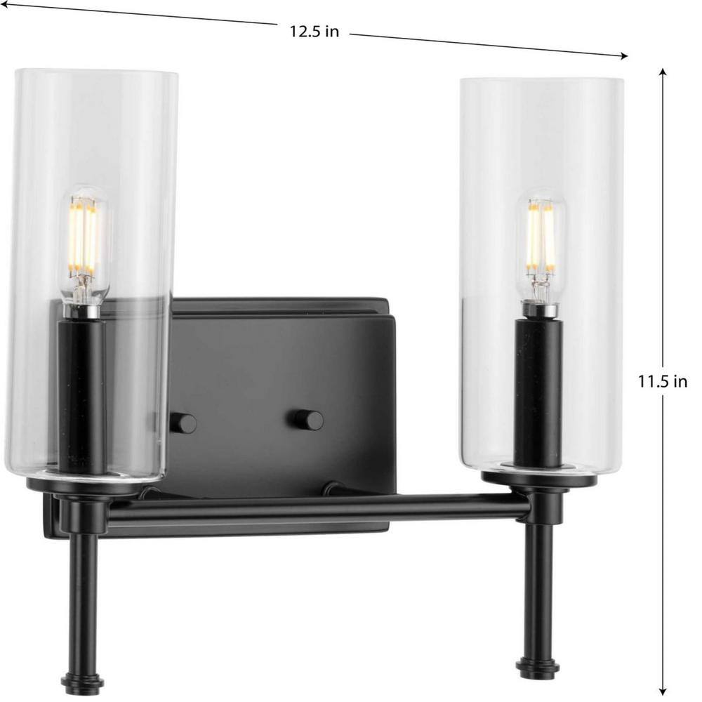 Matte Black 2-Light Cylinder Wall Sconce with Clear Glass Shades