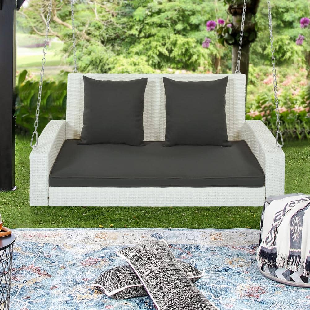 Tenleaf 50 in. 2-person White Wicker Porch Swing with Gray Cushion and ...