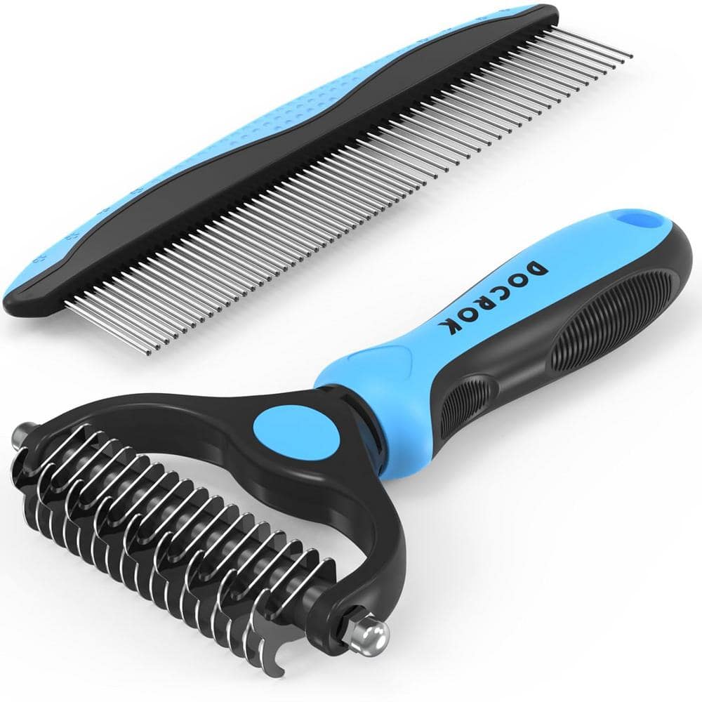 Pet Grooming Brush and Metal Comb Combo Tool for Long matted Haired Pets in