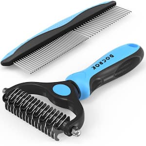Pet Grooming Brush and Metal Comb Combo Tool for Long matted Haired Pets in Blue