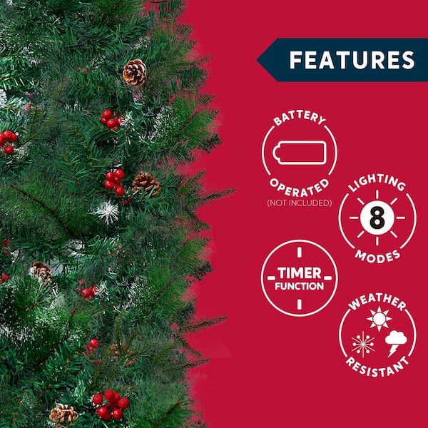 9Ft Artificial Christmas Garland Prelit with LED Lights, 27 Pine Cones, 27 Red Berries(Batteries not Included)