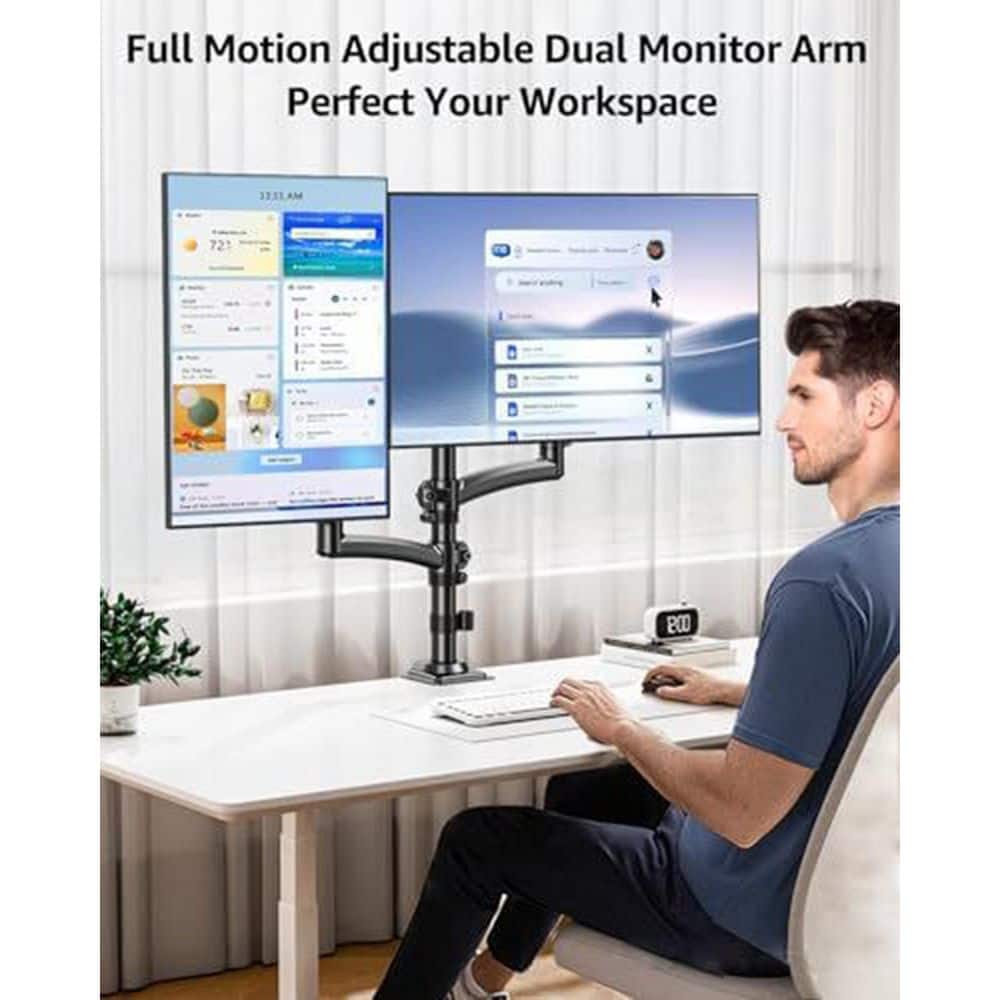 Dual Arm Gas Spring Monitor Stand Mount for 13-32 inch Screens Holds 22 lbs Height Adjustable Black - Thumbnail 4