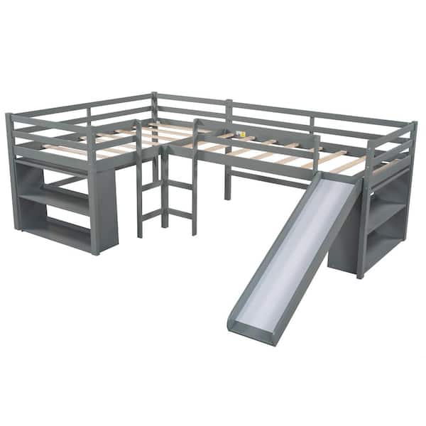 STICKON Gray Twin Size L-Shaped Loft Bed with Movable 2-Tier Shelves and Slide