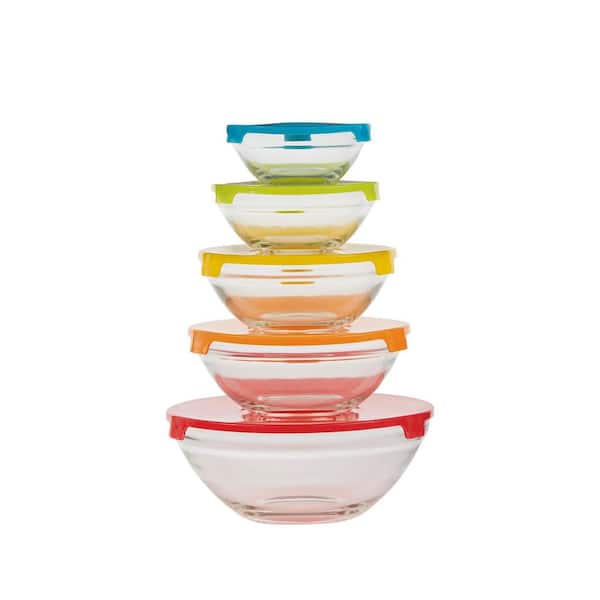 Home Basics 5-Piece Glass Bowl Set with Plastic Colorful Lids