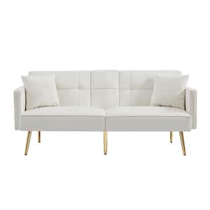 White Tufted Velvet Futon Sofa Bed with 2-cup holders