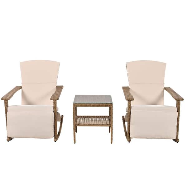 Unbranded 3 Pieces Wicker Patio Conversation Seating Set Adjustable Outdoor Rocking Chair with Beige Cushions and Coffee Table