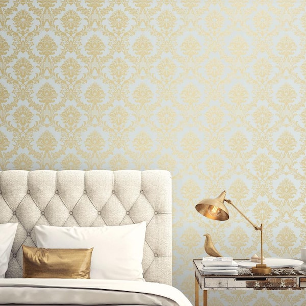 Classic Damask Wallpaper in Metallic Gold and Blue