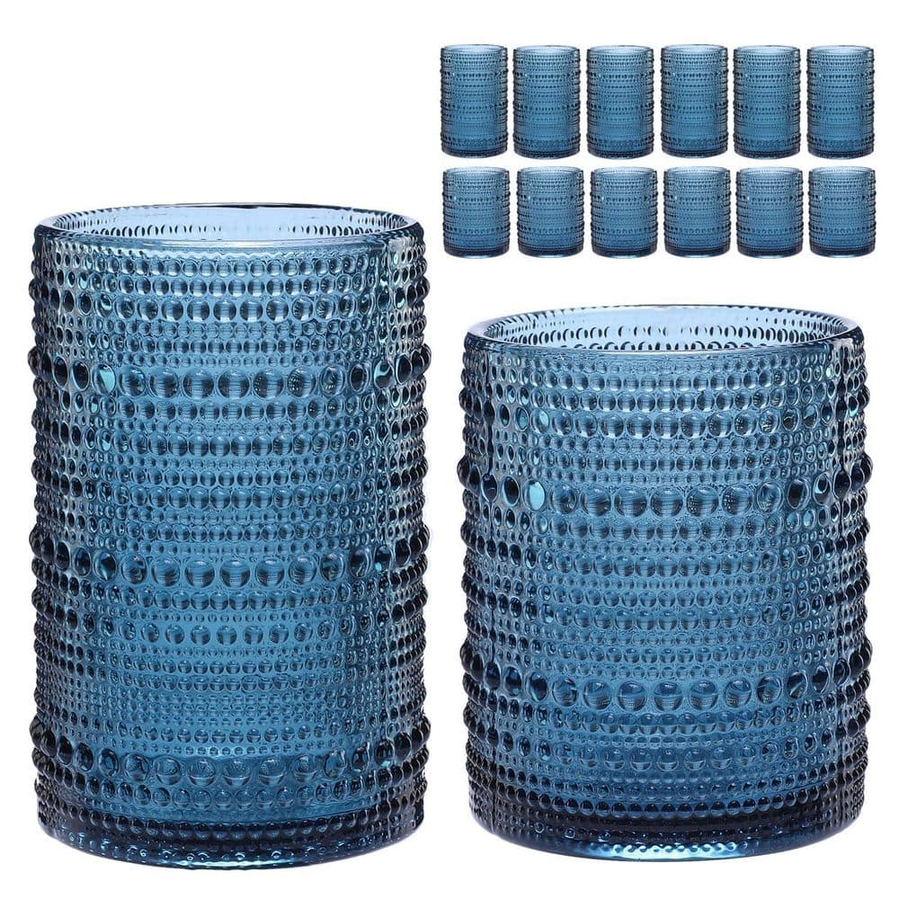 Vintage Embossed Hobnail Glassware Set of 12, 12 oz./15 oz. Glasses Drinking set, Includes 1 Cleaning Brush, Blue price history on PriceWatchPro