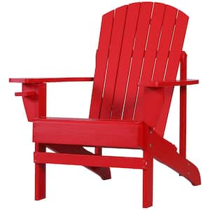 Red Wood Adirondack Chair for the Deck with Ergonomic Design and a Built-In Cup Holder