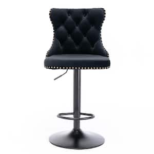 45.60 in. Black Button Tufted Wingback Metal Adjustable Velvet Upholstered Bar Stool Side Chair w/ Footrest (Set of 2)